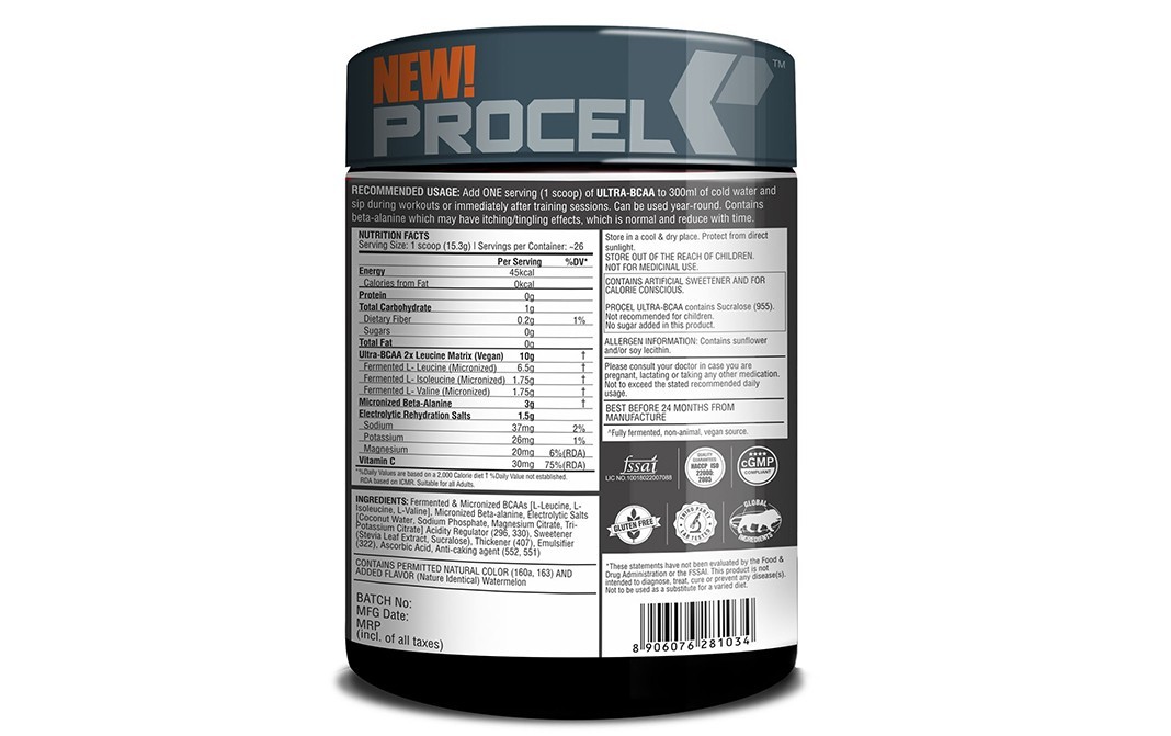 Procel Ultra-BCAA Watermelon Flavor    Plastic Jar  400 grams